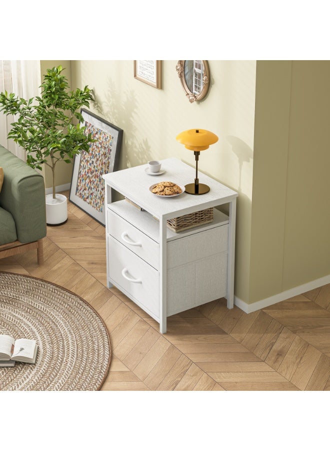 SHEIDLIN طاولة سرير عصرية مع رف مفتوح، طاولة جانبية بيضاء، طاولة متينة لغرفة المعيشة، طاولة سرير لغرفة النوم مع درجين من القماش. - Image 4